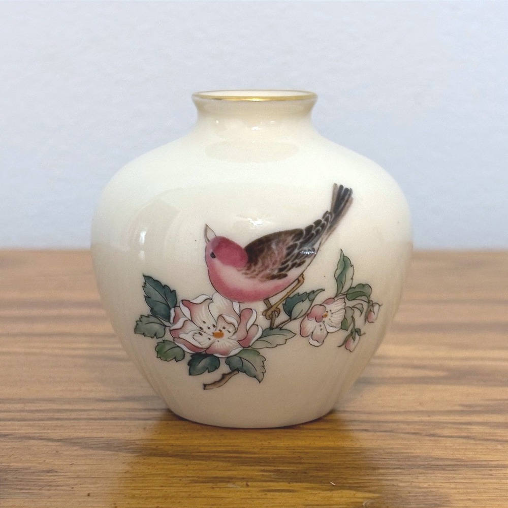 Lenox Serenade Miniature Bud Vase Ivory Porcelain Bird Floral Gold Trim
